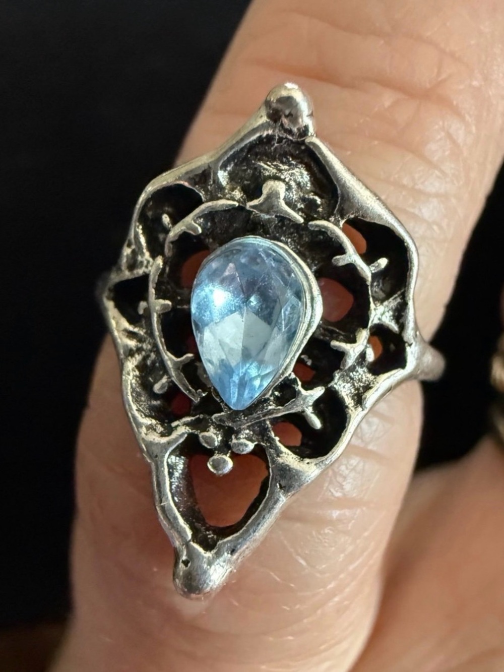 Silver Tone Teardrop Blue Gemstone Statement Ring